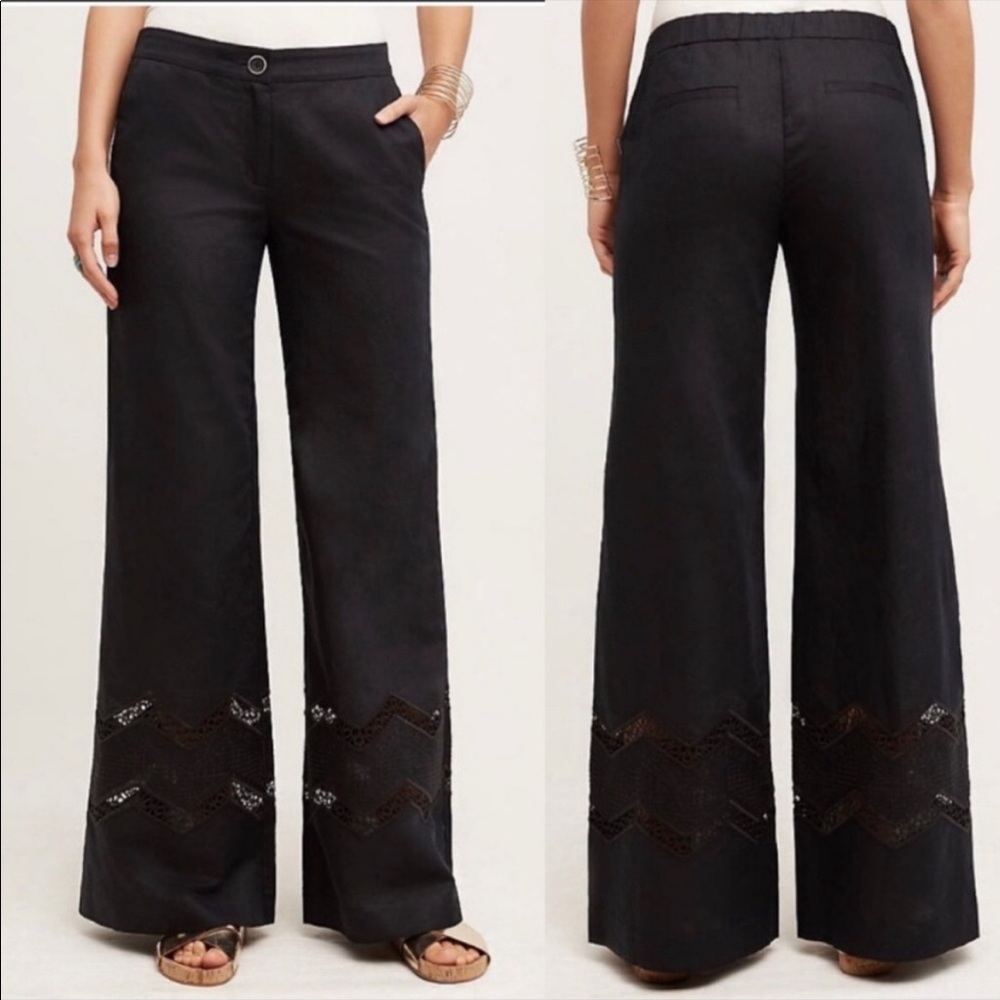 NWOT Anthropologie Elevenses Openwork Black Wide Leg Linen Blend Pants S…